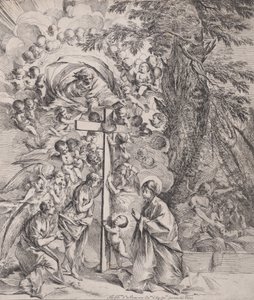 Drømmen om Sankt Josef, der sover til højre, Jomfruen og Barnet ved en kro..., ca. 1635-37. af Pietro Testa