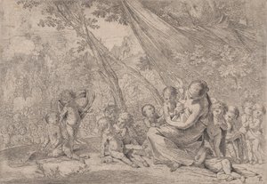 Næstekærlighedens have, kvinde, der repræsenterer Charity til højre omgivet af børn, ..., ca. 1631-37. af Pietro Testa