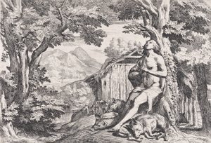 Den fortabte søn blandt svinene, fra en serie på fire tryk, ca. 1645. af Pietro Testa