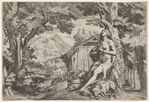 Den fortabte søn sad ved foden af et træ blandt svin, hans blik rettet opad..., ca. 1640-50. af Pietro Testa