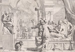 Den fortabte søn sidder på en sofa og får serveret vin, festglade i baggrunden, en ..., ca. 1645. af Pietro Testa