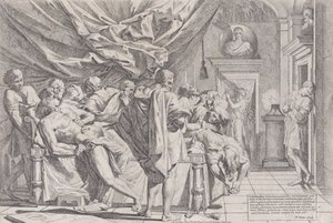 Filosoffen Catos selvmord, der ligger på sin seng og trækker indvoldene ud, så i..., 1648.