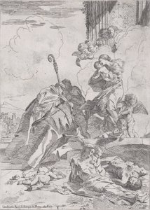 Tre lucchese helgener Sts Nicholas Tolentino, Nicholas af Bari går i forbøn med..., ca. 1630-31. af Pietro Testa