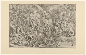 Triomf van de schilderkunst op de Parnassus Udtrykker hengivenhed/ tjener en bue/ triumferer over Parnassus (titel på objekt) af Pietro Testa