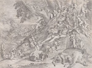 Venus og Adonis, omgivet af mange putti, tilbagelænet efter jagten, med en død orne ..., 1631-37. af Pietro Testa