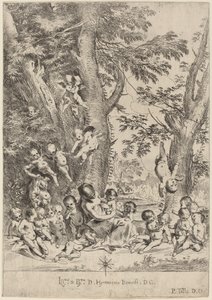 Ung kvinde, omgivet af amoriner (The Garden of Charity, lodret version) af Pietro Testa