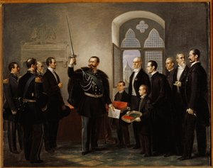 Vittorio Emanuele II af Savoyen, i Pistoia, med sværdet fra gibelin-condottiere Castracani af Pietro Ulivi