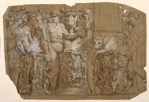 Antik ofring og ægteskabet mellem Perseus og Andromeda, efter Polidoro da Caravaggio (ca. 1499-1543) (pen og brunt blæk med brun vask forhøjet med hvid kropsfarve over præliminære i sort kridt på papir vasket brunt) af Pietro da Cortona