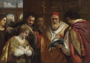 Flavia Domitilla (død efter 95) modtog sløret fra pave Clemens I - Sankt Domitilla modtog sløret fra pave Clemens I af Cortona, Pietro da (1596-1669). Olie på lærred, størrelse: 123x172,7, , Privat Samling af Pietro da Cortona