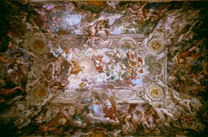 Barberinis herlighed: "Den guddommelige forsyns triumf" Allegori om forsynet og Barberini-familiens guddommelige magt (pave Urban VIII). Fresko af Cortonas sten (Pietro Berrettini dit Pietro da Cortona (1596-1669)) dekorerer loftet på Barb