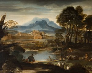 Landskab med en sø og en befæstet by, 1635. af Pietro da Cortona