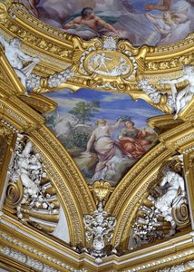 Sala di Apollo Hall of Apollo detalje af pendentiv, der forestiller muserne Calliope og Melpomene, ca. 1647 fresco af Pietro da Cortona