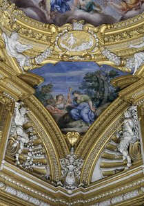 Sala di Apollo Hall of Apollo detalje af pendant, der afbilder muserne Thalia og Clio, fresco ca. 1647 af Pietro da Cortona