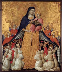 The Virgin of Misericorde: Altertavle af Pietro da Recanati, kendt som Pietro di Domenico da Montepulciano (aktiv 1418 død mellem 1427 og 1432) Dim. 0,54 x 0,43 m. Avignon, Musee du Petite Palais - Barmhjertighedens Jomfru. Altertavle af Pietro da Recanati af Pietro di Domenico da Montepulciano