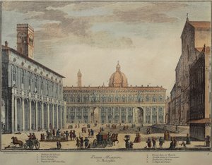 Italien, Bologna, Piazza Maggiore eller Piazza Grande, af Pio Panfili, gravering af Pio Panfili