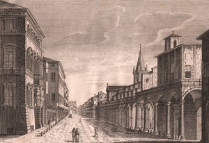 Udsigt over Strada Maggiore i Bologna, Emilia-Romagna, Italien, kobberstik af C Lambertini efter tegning af Pio Panfili (1723-1812), ca 13,5x19 cm af Pio Panfili