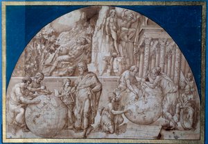 Astronomi allegori. Forskere tager målinger på jordkloder. Tegning med brunt blæk af Pirro Ligorio (ca. 1500-1583) 1500-tallets Paris, Louvre-museet