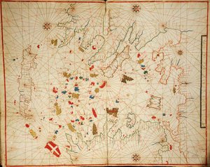 Det Ægæiske Hav, fra portolan-atlas bestående af seks søkort, af Placido Caloiro og Francesco Oliva, Parchment. 1646.