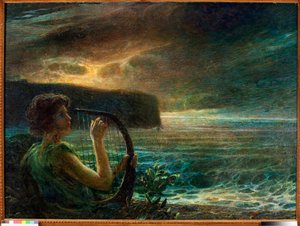 Fuldmåne, hyldest til en feminin guddom, der spiller lyre i et havlandskab med stormfuld himmel (olie på lærred