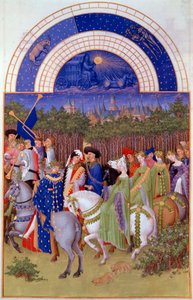Cortege af adelige og musikere til hest, udsigt over hertugpaladset i Riom (?) og maj måned. Flamsk miniature af Pol De Limburg (15. århundrede) fra manuskriptet "The very rich hours of the Duke of Berry"" af Pol de Limbourg