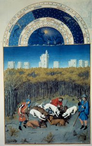 December: jagtscene. I baggrundsbilledet af Vincennes flamske miniature af Pol De Limburg (1400-tallet) fra manuskriptet "The very rich hours of the Duke of Berry""