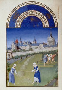 juni: hø. På bagsiden, paladset i det flamske miniature hellige kapel i Pol De Limburg (1400-tallet) fra manuskriptet "The very rich hours of the Duke of Berry""