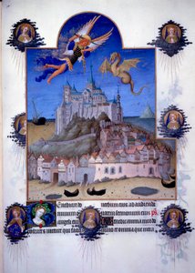 Udsigt over Mont Saint Michel (Mont-Saint-Michel): ærkeenglen Saint Michel og dragefløjen er repræsenteret, der kæmper i luften. Flamsk miniature fra Pol de Limburg fra "The Book of Good Moors"" af Jacques den Store (1360-1415/1418), dedikeret til Johannes