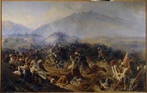 Belejringen af ​​Akhty i 1848. Kampscene i bjergene i Nordkaukasus, mellem den russiske hær og tropperne fra Imam Shamil (Shamil) (1797-1871), som førte sine krigere i et ønske om uafhængighed og af religiøse årsager ( Jihad). Malet af Polidor Ivanovich Babaev