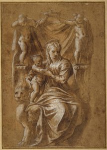 The Madonna and Child troner (pen & brunt blæk med kropsfarve på papir) af Polidoro da (follower of) Caravaggio