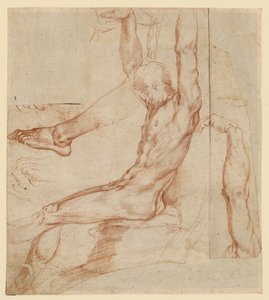 Studie af en mand med forskellige skitser (recto); Studie af en mands draperede ben (verso) af Polidoro da Caravaggio (Polidoro Caldara)