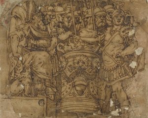 Mucius Scaevola stikker sin hånd i flammen foran Porsenna af Polidoro da Caravaggio