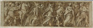 Sabines krydser floden Tiberen for at deltage i de romerske lege af Polidoro da Caravaggio