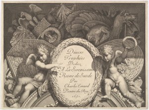 Titelside på Divers Trophées Weapon Trophys efter facaden af Palazzo Milesi i Rom, 1651 af Polidoro da Caravaggio