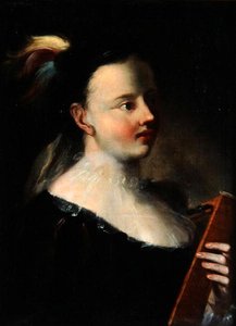 Lady with Kitara (olie på lærred) af Polish School