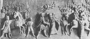 Relief af John III Sobieski modtager de tyrkiske troppers overgivelse efter sejr i slaget ved Wien (marmor) af Polish School