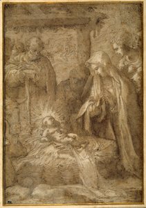 Hyrdernes tilbedelse (metalpoint, pen og blæk med vask og gouache på papir) af Pompeo (fl.1569 71) (attr. to) Cesura