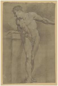Studie af en stående mandlig model lænet op ad en brystning af Pompeo Batoni