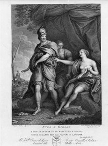 Eneide de Virgil (70 f.Kr.-19 f.Kr.), Bog IV, de trojanske helte Enee forlader Didon, der desperat selvmord. Gravering efter et maleri af Pompeo Batoni (1708-1787) af Pompeo Girolamo (after) Batoni