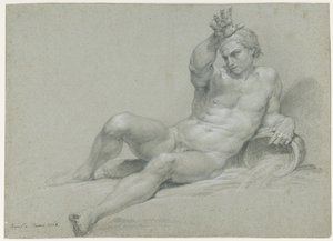 Nøgenstudie af en liggende mandlig model med højre arm løftet, i positur som en antik flodgud, set skråt fra venstre af Pompeo Girolamo Batoni