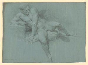 Nøgenstudie af en liggende mandlig model, der støtter sig med venstre arm foran kroppen af Pompeo Girolamo Batoni