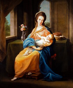 Par af portrætter, dame med barn (på lærred) af Pompeo Girolamo Batoni