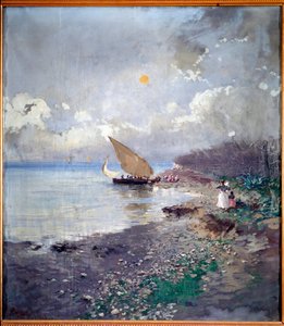 Tilbage fra fiskeri Strandmaleri af Pompeo Mariani (1857-1927) 1898 Dim 115x100 cm Gener, Galleria d