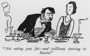 "Ikke spise dit fedt, og millioner sulter i Rusland!" (litho) af Pont