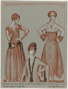Gazette du Bon Ton, 1921 - nr. 3, Pl. X: Eftermiddagskjole og skræddersyet jakkesæt, af Paul Poiret, og eftermiddagskjole, af Jeanne Lanvin (titel på objektet) af Porter Woodruff