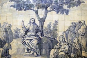 Barmhjertighedens Kirke. Azulejos. Bjergprædikenen. Jesus. Evora. Portugal. af Portuguese School