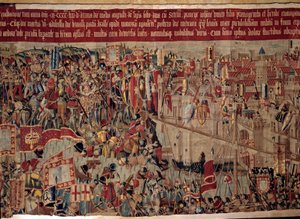 Erobring af Afrika: "" Indfangningen af Asilah (Arzila) i Marokko i 1471 af den portugisiske flåde""" Fragment af et gobelin fra det 16. århundredes portugisiske skole. Lissabon, Nationalmuseet for antik kunst af Portuguese School