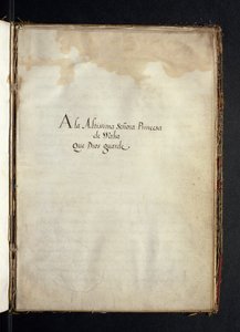 Dedikation til Infanta Maria af Spanien, fra en historie om Syon Nonnernes vandringer, samlet i Lissabon i det tidlige 17. århundrede af Portuguese School