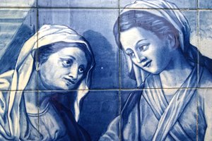 Detalje af Mary, der møder kroværtens kone, dekorativt panel, der viser Mary og Joseph, der ankommer til kroen, Lamego, Portugal. 1738 (keramiske fliser) af Portuguese School