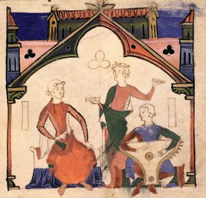 Fol.4r Musikere, der spiller kastanjetter og et psalteri, fra Chansonnier des Nobles af Portuguese School