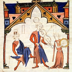 Fol.6r Musikere, der spiller en bratsch og en tamburin, fra Chansonnier des Nobles af Portuguese School